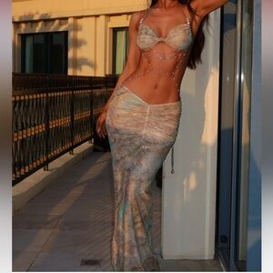 OUTCAST CLOTHING CATERINA MAXI DRESS IRIDESCENT PEARL CHAIN SMALL DRESS